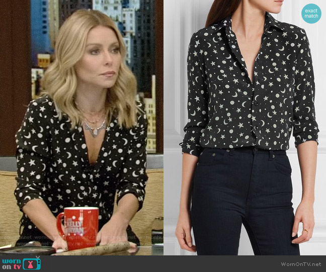 Saint Laurent Print Silk Crepe De Chine Shirt worn by Kelly Ripa on Live with Kelly and Mark