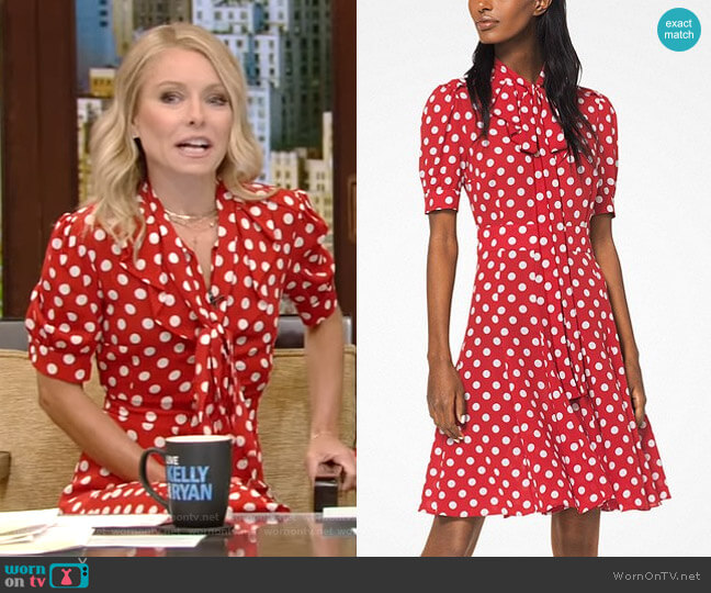 Michael Kors Collection Silk Tie-Neck Polka Dot Dress worn by Kelly Ripa on Live with Kelly and Mark