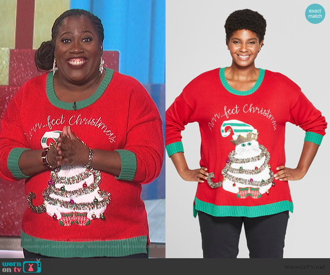 Target Purrfect Christmas Cat Ugly Sweater worn by Sheryl Underwood on The Talk