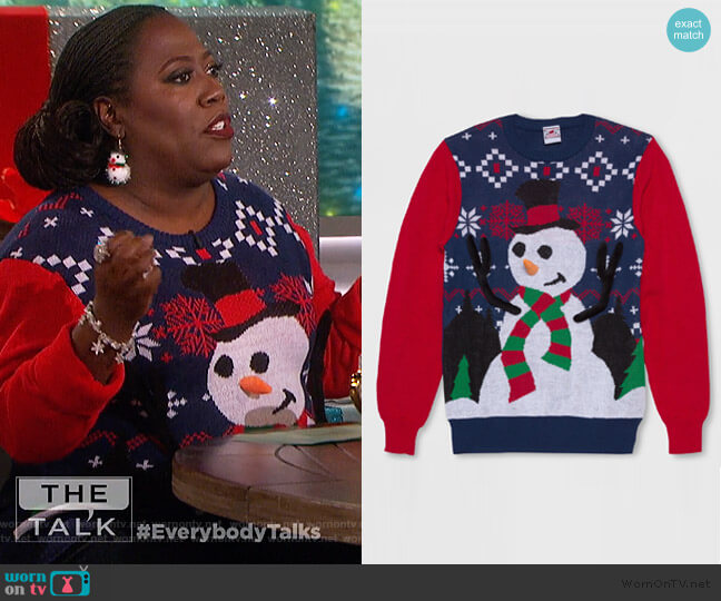 Well Worn Ring Toss Snowman Ugly Christmas Sweater worn by Sheryl Underwood on The Talk