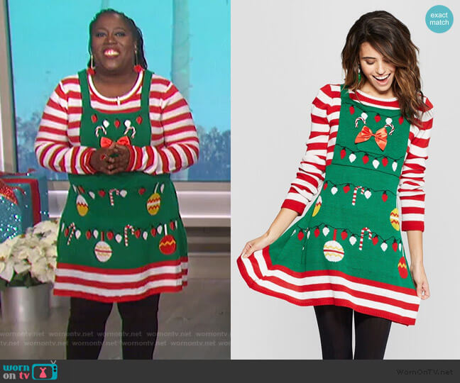 Born Famous Ugly Christmas Candy Cane Striped Dress worn by Sheryl Underwood on The Talk