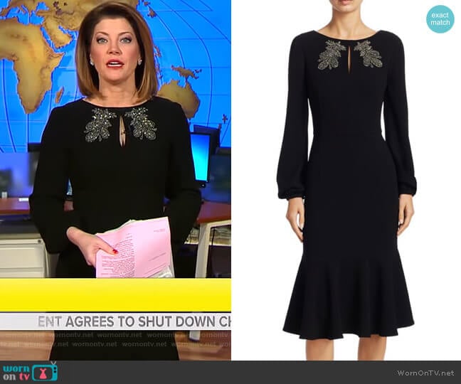 Teri Jon by Rickie Freeman Embellished Long-Sleeve Dress worn by Norah O'Donnell on CBS Mornings