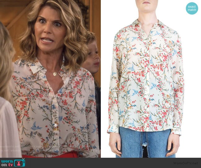 The Kooples White Bird Avian & Floral-Print Silk Shirt worn by Rebecca Katsopolis (Lori Loughlin) on Fuller House