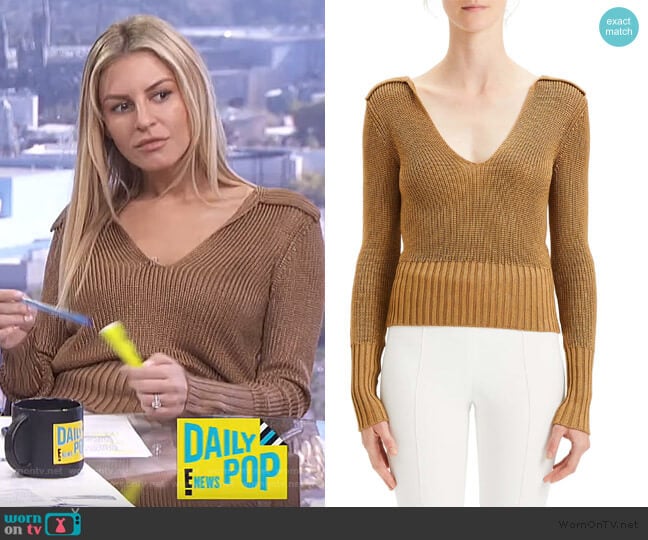 Theory Back Collar Ribbed Plunge Neck Sweater worn by Morgan Stewart on E! News