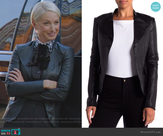 Theory Bristol Peplum Leather Jacket worn by Ada Stone (Katherine LaNasa) on Dynasty
