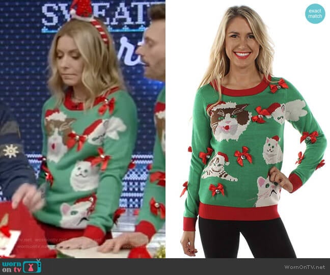 Tipsy Elves Crazy Cat Lady Sweater - Funny Cat Ugly Christmas Sweater worn by Kelly Ripa on Live with Kelly and Mark