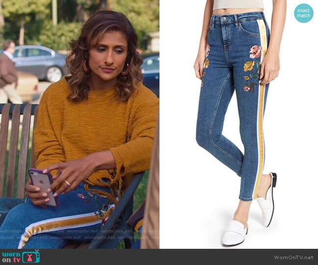 Topshop Stripe Floral Denim Pants worn by Emet Kamala-Sweetzer (Sarayu Blue) on I Feel Bad