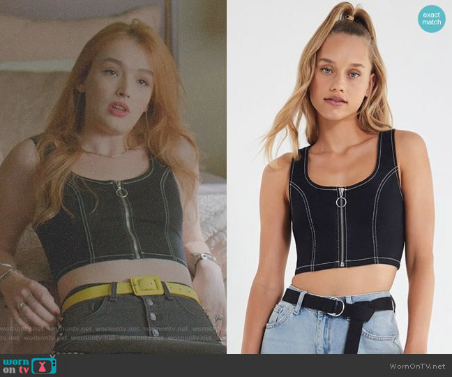 Urban Outfitters Sierra Denim Zip-Front Cropped Top worn by Kirby Anders (Maddison Brown) on Dynasty