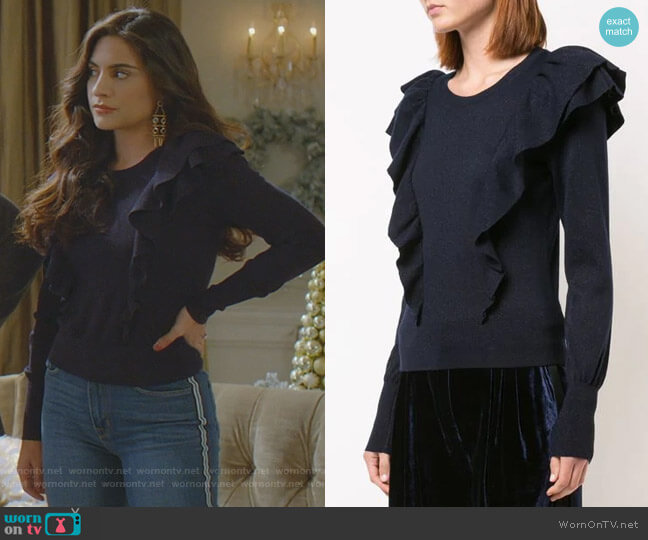 Veronica Beard Ruffle Detail Sweater worn by Cristal Jennings (Daniella Alonso) on Dynasty