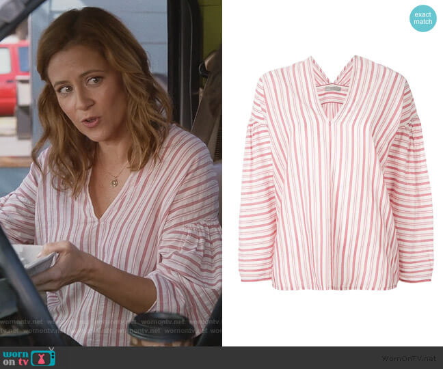 Vince Striped Blouse worn by Lena (Jenna Fischer) on Splitting Up Together