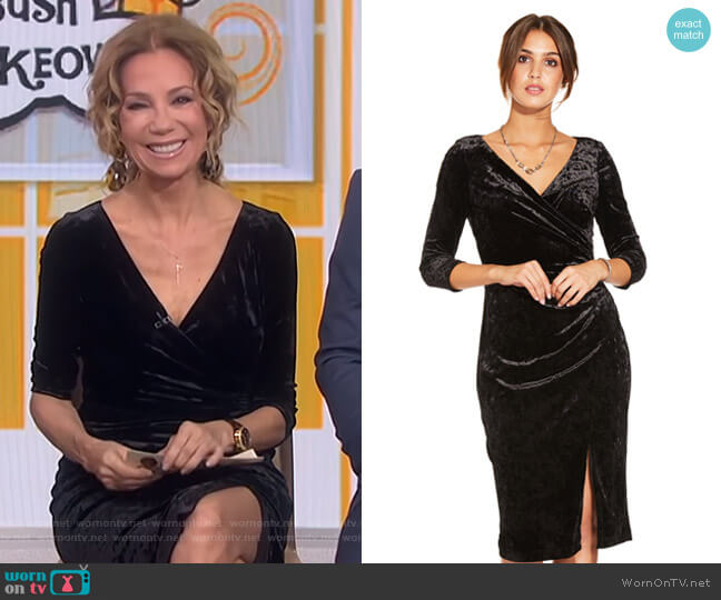 Adrianna Papell Velvet Faux Wrap Dress with Asymmetrical Slit worn by Kathie Lee Gifford on Today