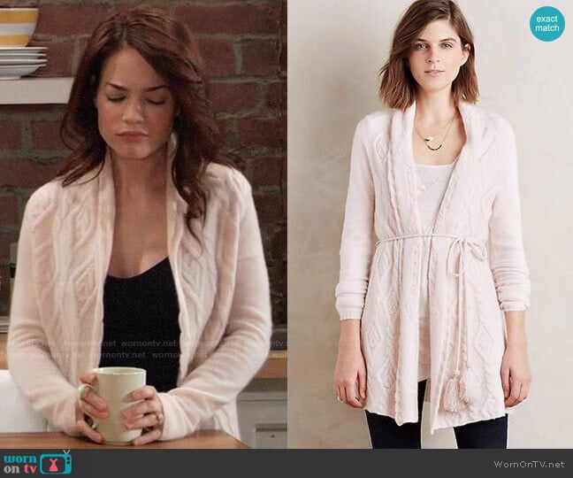 Sleeping on Snow Belted Cashmere Cardigan worn by Elizabeth Webber (Rebecca Herbst) on General Hospital