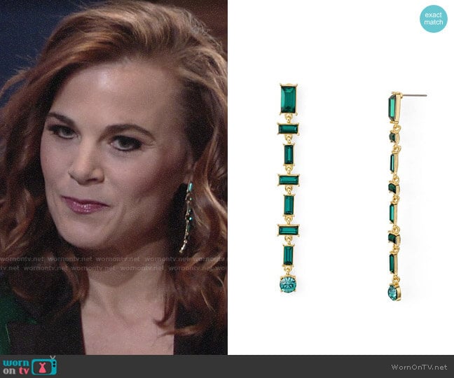 Aqua Baguette Linear Drop Earrings in Green/Gold worn by Phyllis Newman (Gina Tognoni) on The Young and the Restless