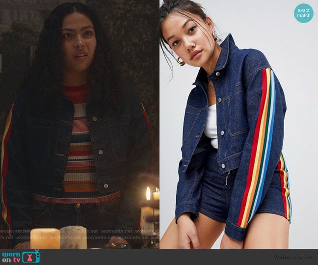 Honey Punch Cropped Denim Jacket with Rainbow Stripe worn by Molly Hernandez (Allegra Acosta) on Marvels Runaways