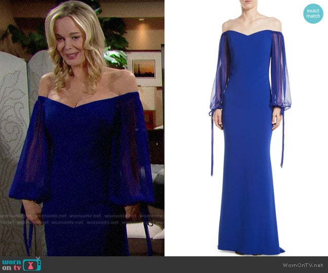 Badgley Mischka Off-the-Shoulder Gown w/ Balloon Sleeves worn by Donna Logan (Jennifer Gareis) on The Bold and the Beautiful