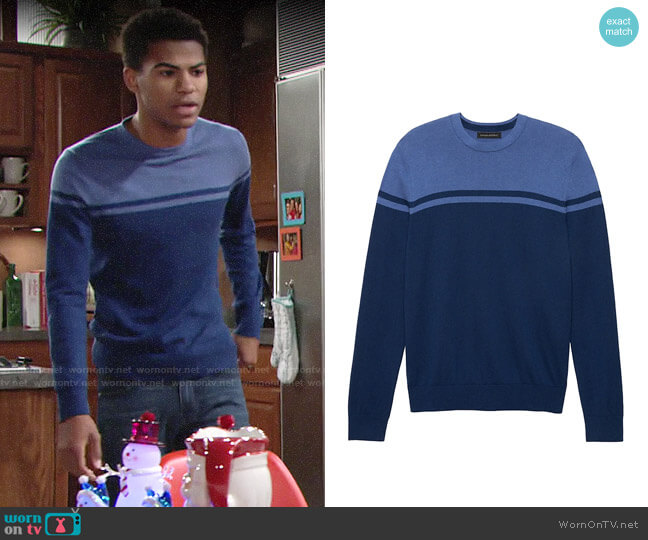 Banana Republic Silk Cotton Cashmere Stripe Sweater in Cabana Blue worn by Charlie Ashby (Noah Alexander Gerry) on The Young and the Restless