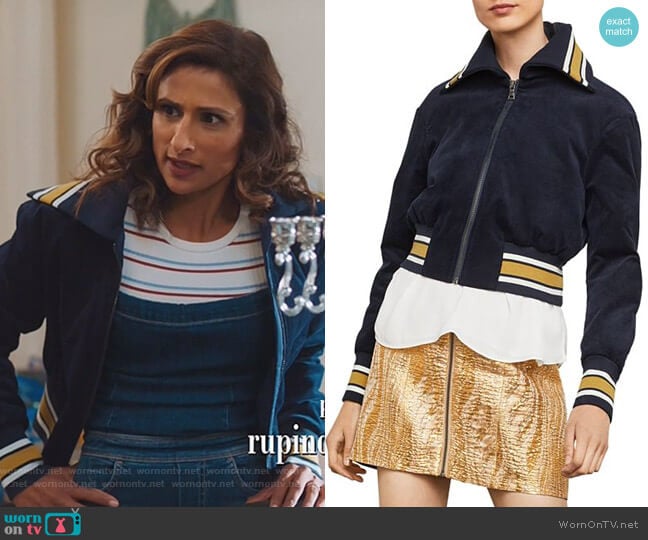 Bcbgmaxazria Cropped Corduroy Varsity Jacket worn by Emet Kamala-Sweetzer (Sarayu Blue) on I Feel Bad