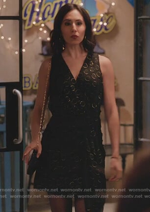Valencia’s black metallic dotted mini dress on Crazy Ex Girlfriend