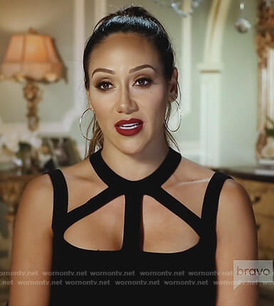 Melissa’s black strappy cutout dress on The Real Housewives of New Jersey