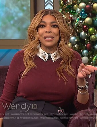 Wendy’s maroon embellished collar sweater on The Wendy Williams Show
