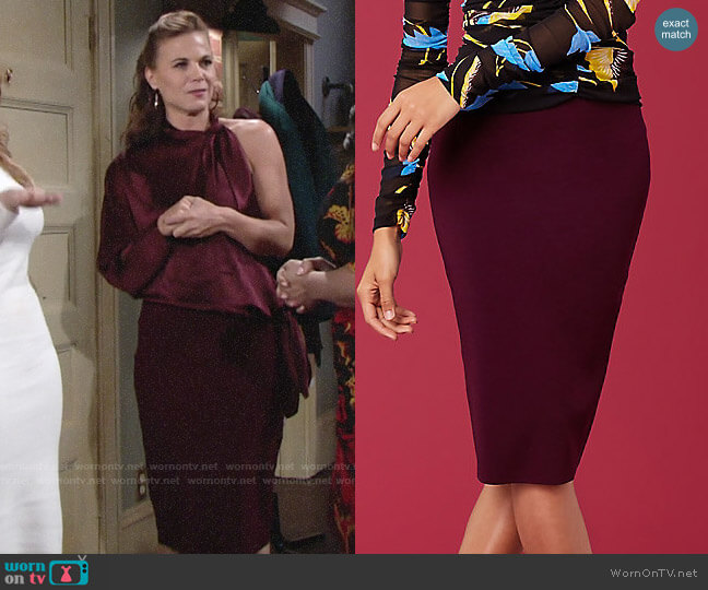 Diane von Furstenberg Knit Pencil Skirt in Cabernet worn by Phyllis Newman (Gina Tognoni) on The Young and the Restless