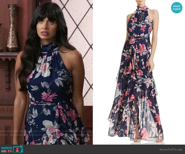 Eliza J Tiered Floral Gown worn by Tahani Al-Jamil (Jameela Jamil) on The Good Place
