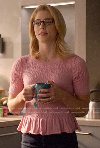 Felicity’s pink ruffled top on Arrow