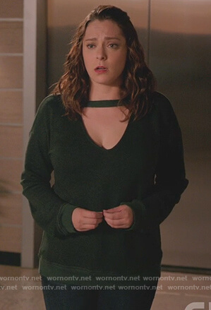Rebecca’s green cutout sweatshirt on Crazy Ex Girlfriend