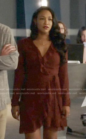 Iris’s brown ruffled wrap dress on The Flash