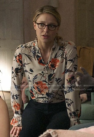 Kara’s floral tie-neck blouse on Supergirl