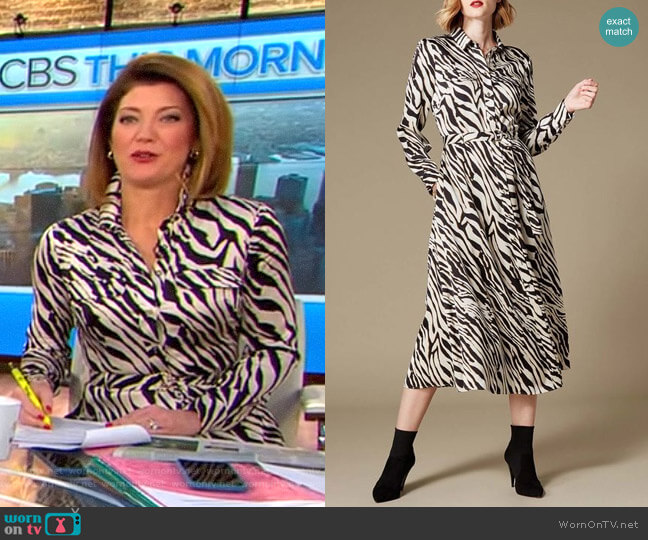 Karen Millen Zebra Print Shirt Dress worn by Norah O'Donnell on CBS Mornings