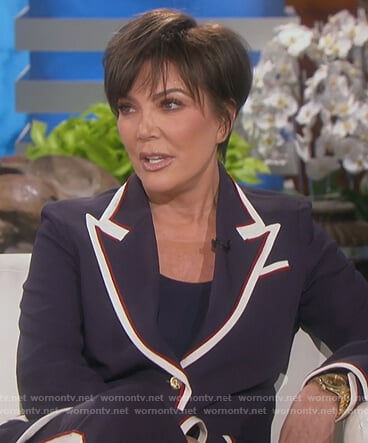 Kris’s navy contrast blazer and pants on Keeping Up with the Kardashians