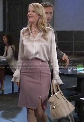 Nina’s pink zip front pencil skirt and ruffle cuff blouse on General Hospital