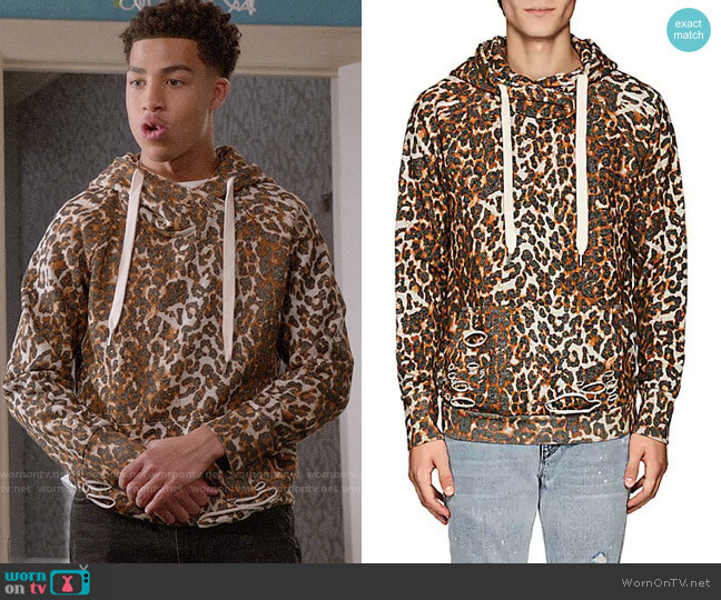 NSF Distressed Leopard-Print Cotton Hoodie worn by Andre Johnson Jr (Marcus Scribner) on Black-ish