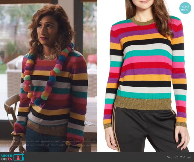 Pam & Gela Stripe Metallic Trim Sweater worn by Emet Kamala-Sweetzer (Sarayu Blue) on I Feel Bad