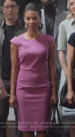 Catherine’s purple shoulder cutout sheath dress on Marvel’s Runaways
