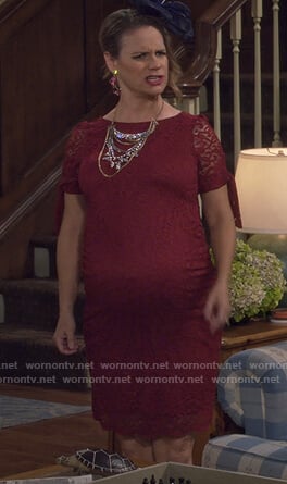 Kimmy’s red lace tie sleeve maternity dress on Fuller House