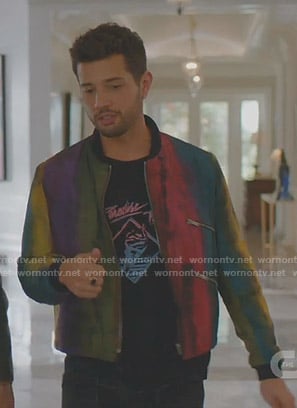 Sam’s Paradise Trip tee and rainbow bomber jacket on Dynasty