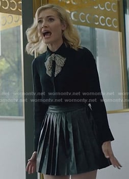 The Frost Sisters’ black embellished bow blouse and pleated mini skirt on The Gifted