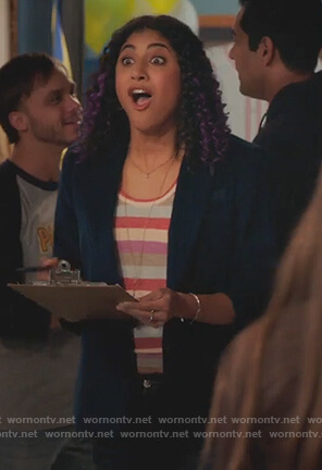 Heather’s striped tee and blue blazer on Crazy Ex Girlfriend