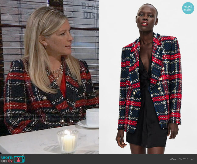 Zara Checkered Tweed Blazer worn by Carly Spencer (Laura Wright) on General Hospital