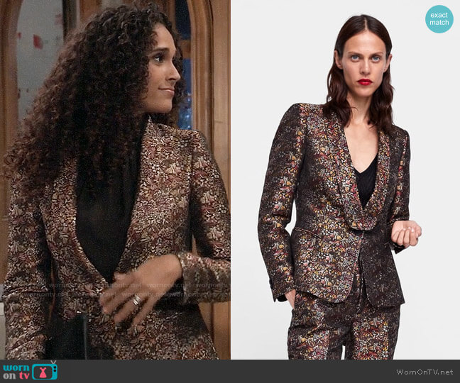 Zara Floral Jacquard Blazer worn by Jordan Ashford (Briana Nicole Henry) on General Hospital