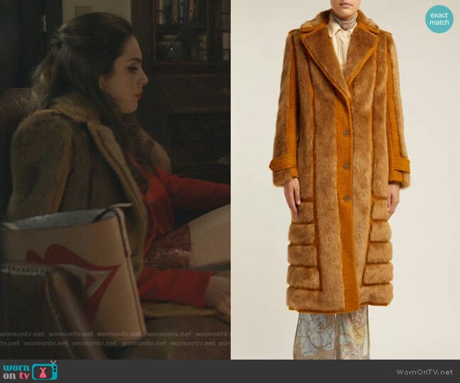 Acne Studios Faux Fur-Trimmed Jute-Blend Coat worn by Fallon Carrington (Elizabeth Gillies) on Dynasty