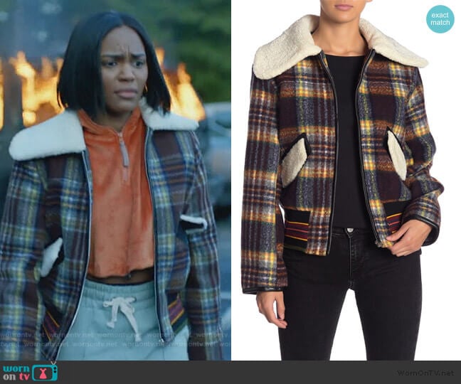Aiden Faux Shearling Trim Plaid Bomber Jacket worn by Jennifer Pierce (China Anne McClain) on Black Lightning