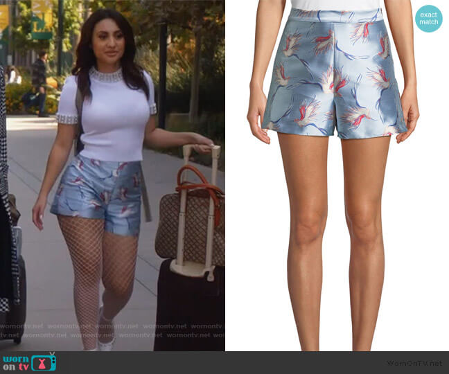Alice + Olivia Heath High-Waist Bird-Print Satin Shorts worn by Ana Torres (Francia Raisa) on Grown-ish