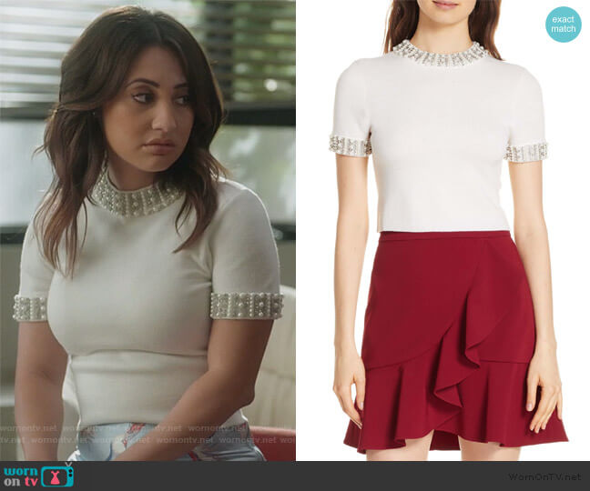 Alice + Olivia Embellished Crop Sweater worn by Ana Torres (Francia Raisa) on Grown-ish