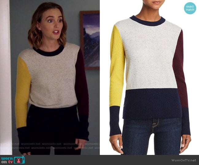 Aqua Cashmere Color-Block Cashmere Crewneck Sweater worn by Angie (Leighton Meester) on Single Parents