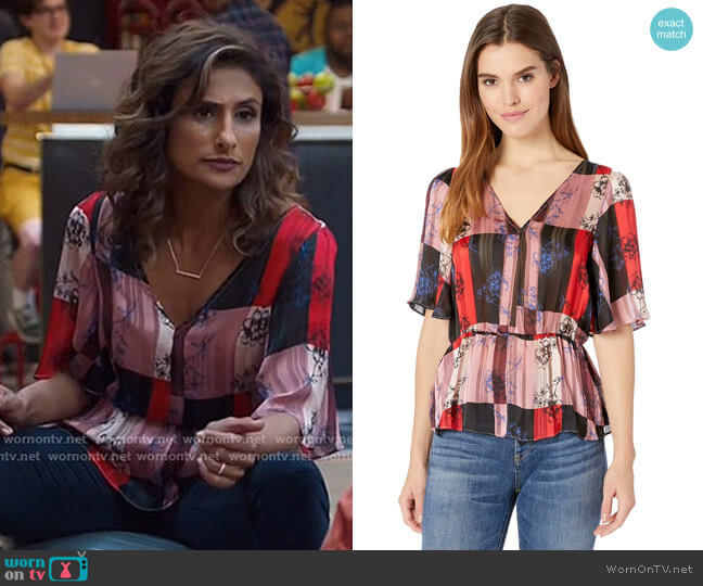 BCBGeneration Twist Back Surplice Top worn by Emet Kamala-Sweetzer (Sarayu Blue) on I Feel Bad