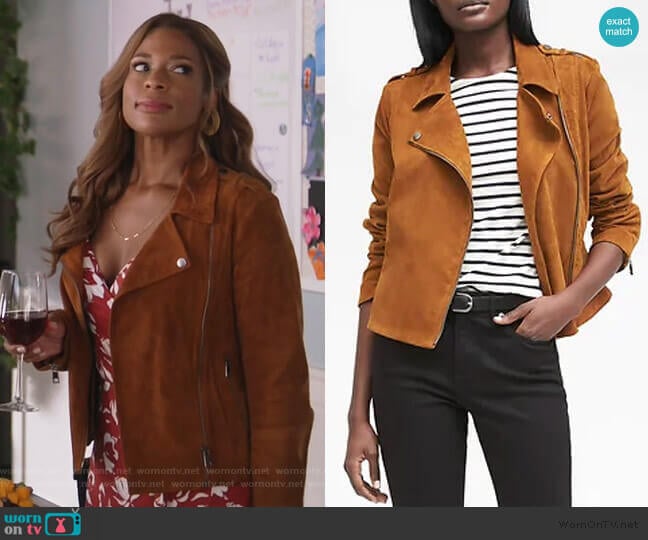 Banana Republic Life in Motion Stretch Suede Mot Jacket worn by Poppy (Kimrie Lewis) on Single Parents