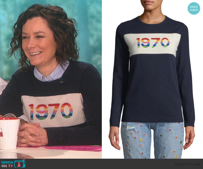Bella Freud 1970 Rainbow Graphic Cashmere Sweater worn by Sara Gilbert on The Talk